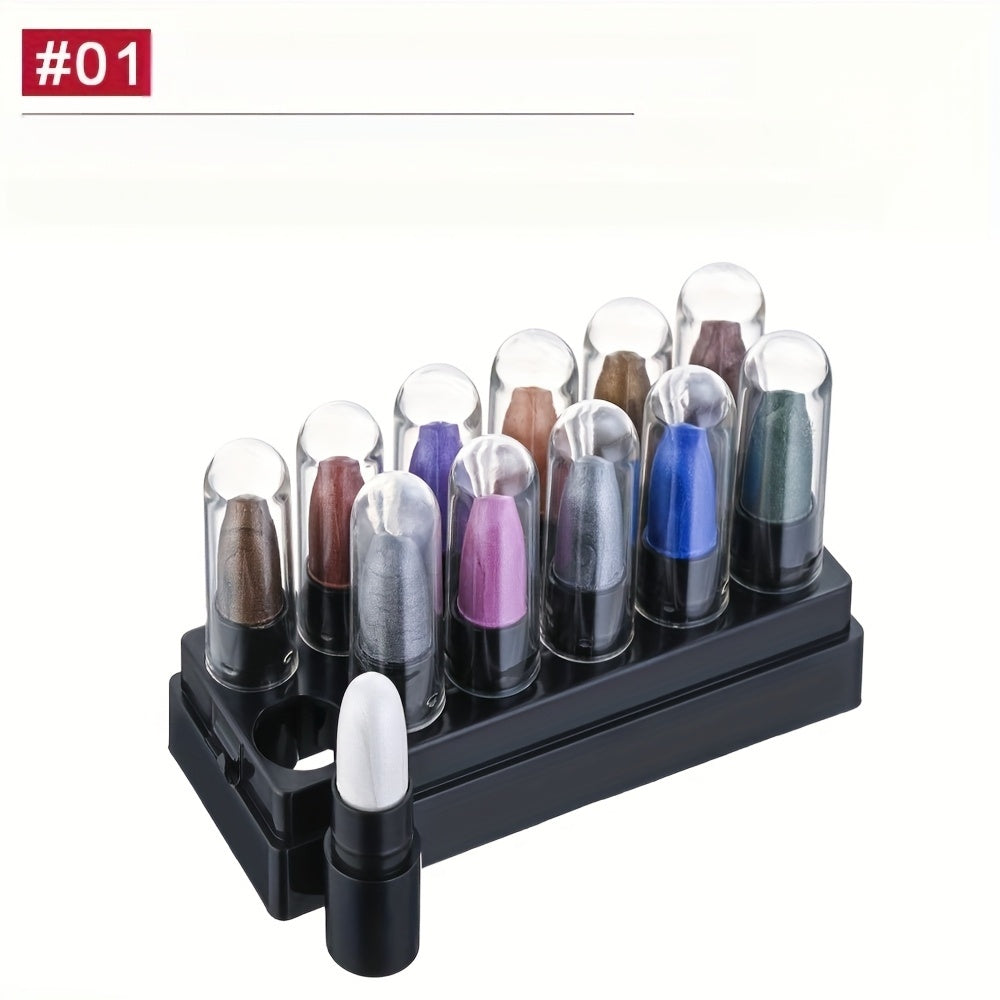 12 PCS -Colors Set Women Eyeshadow Stick Set - Long-Lasting, High-Gloss Glitter & Matte Finishes in Black, Gray, and Mixed Shades