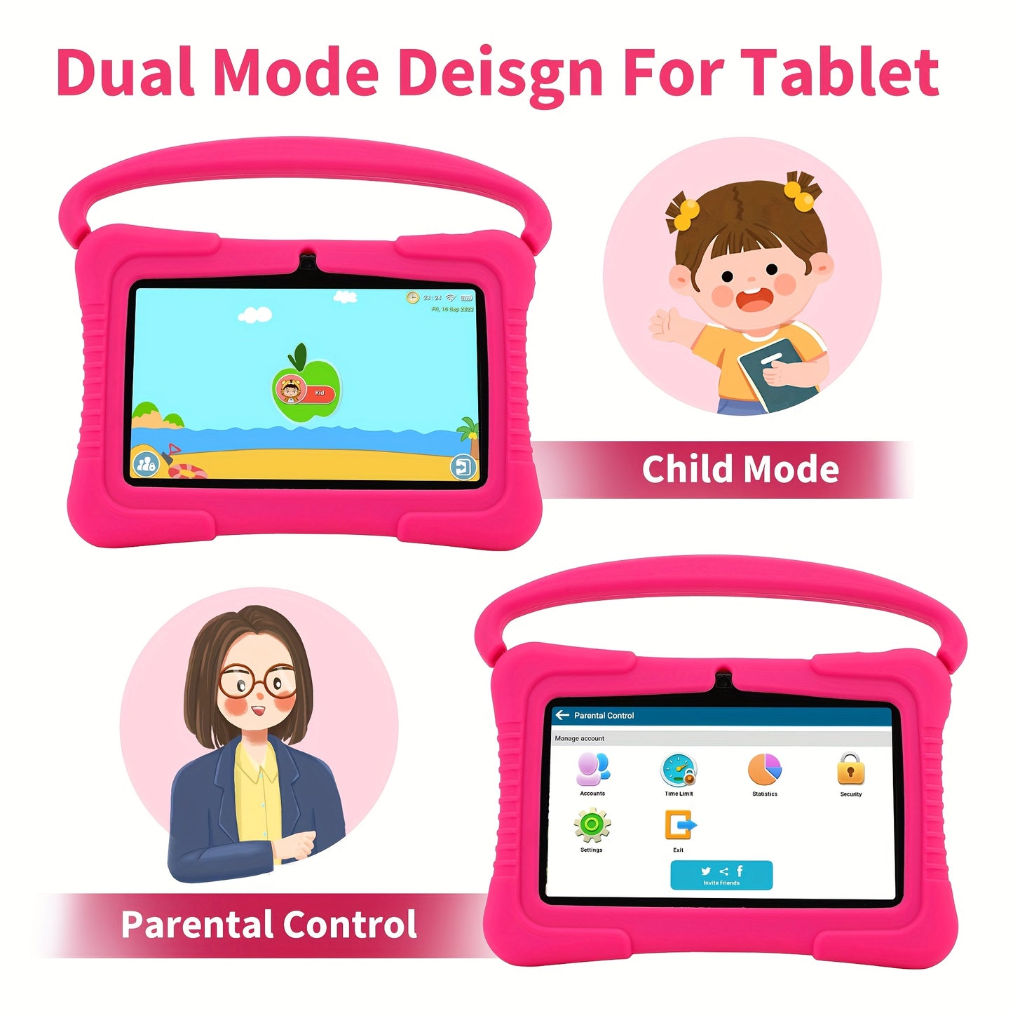7" Kids Tablet, 2GB RAM+32GB ROM, Safe Eye Protection Screen, Wi-Fi, Dual Camera, Educational Games, Parental Controls App, Android Tablet With Drop Proof Silicone Sleeve Tablet