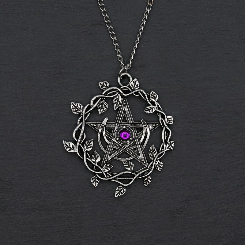 Vintage Pentagram Leaf Mosaic Purple Gemstone Pendant Necklace Women Fashion Wedding Party Gothic Jewelry Gifts