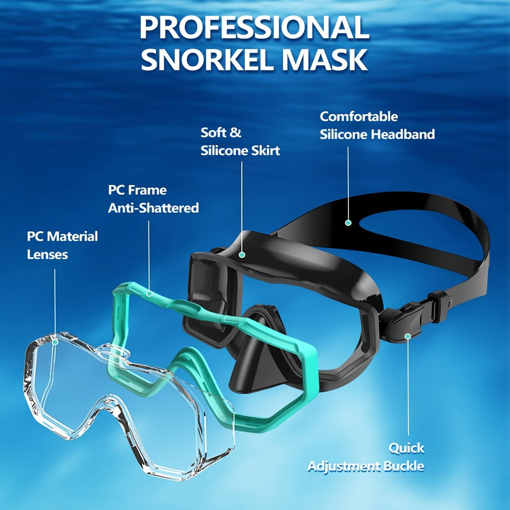 Top Quality Tri-Fin PC Lens Panoramic Wide Angle Adult Silicone Snorkeling Mask, Swimming Goggles, Leakproof, Easy Adjustment, Suitable for Snorkeling and Swimming Training