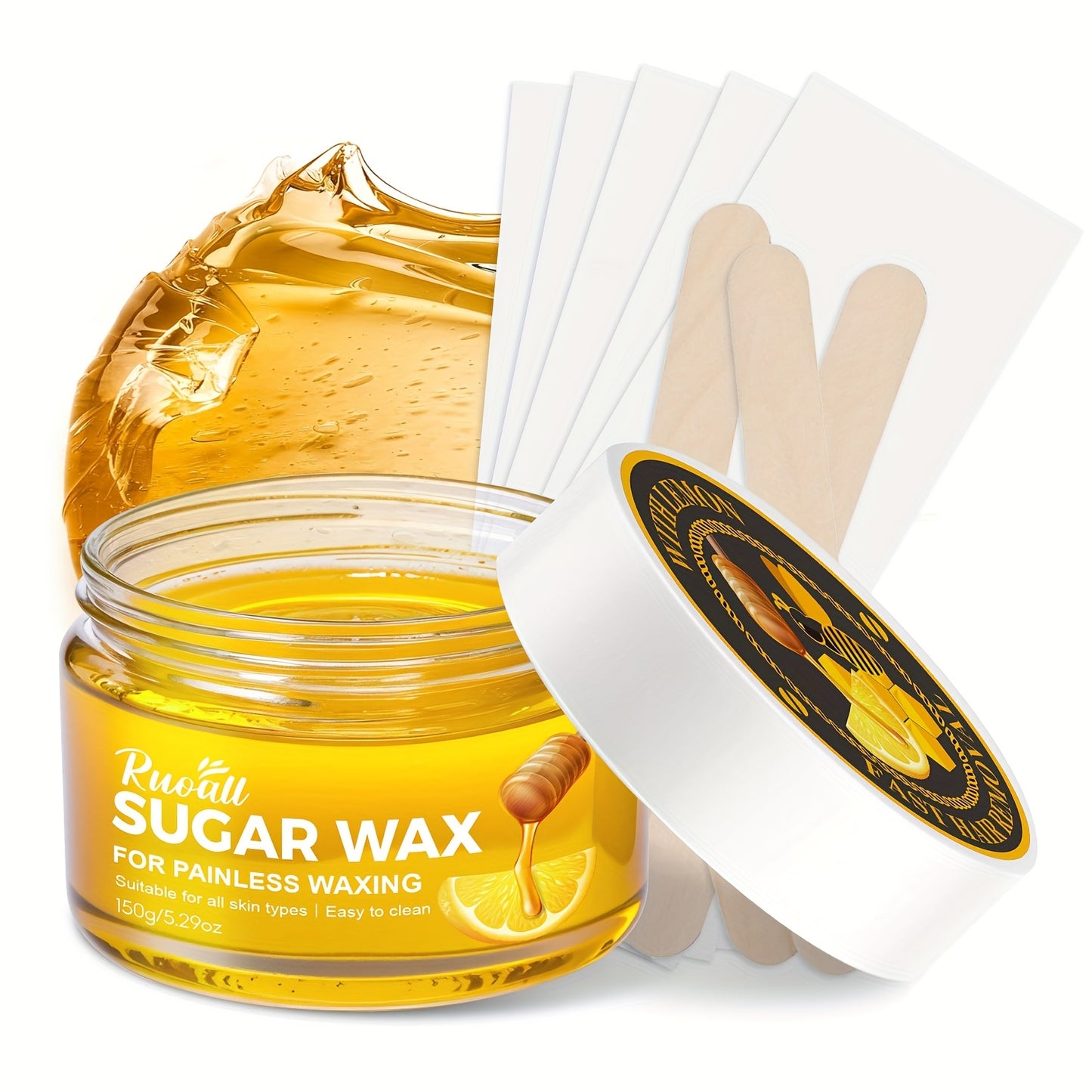 150G/5.29Oz Sugar Wax Hair Removal Kit (Five Wax Strips + Three Wooden Sticks), Features a Gentle And Non-Irritating Formula, Effectively Removes Hair Without Residue, Suitable for The Entire Body, Compatible with Various Hai
