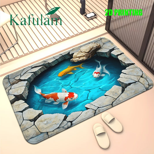 2D Carpet with Koi Fish Design | Flannel and Polyester, Machine Washable, Suitable for Bathroom, Bedroom, Living Room Entrance | Durable and Decorative Bath Mat
