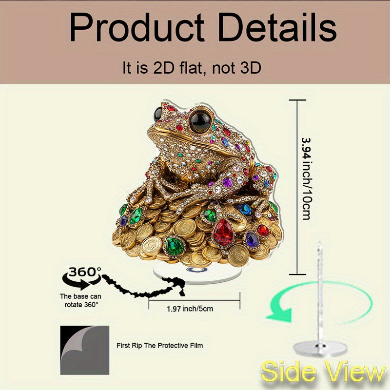 NEW Arrivals 2D Flat, 2D Flat Print Rotate Acrylic Ornament Featuring A Mesmerizing Jeweled Frog Atop Gleaming Golden Coins Ideal for Elevating Your Home Decor Gifting for Special Occasions Or Unique Celebrations