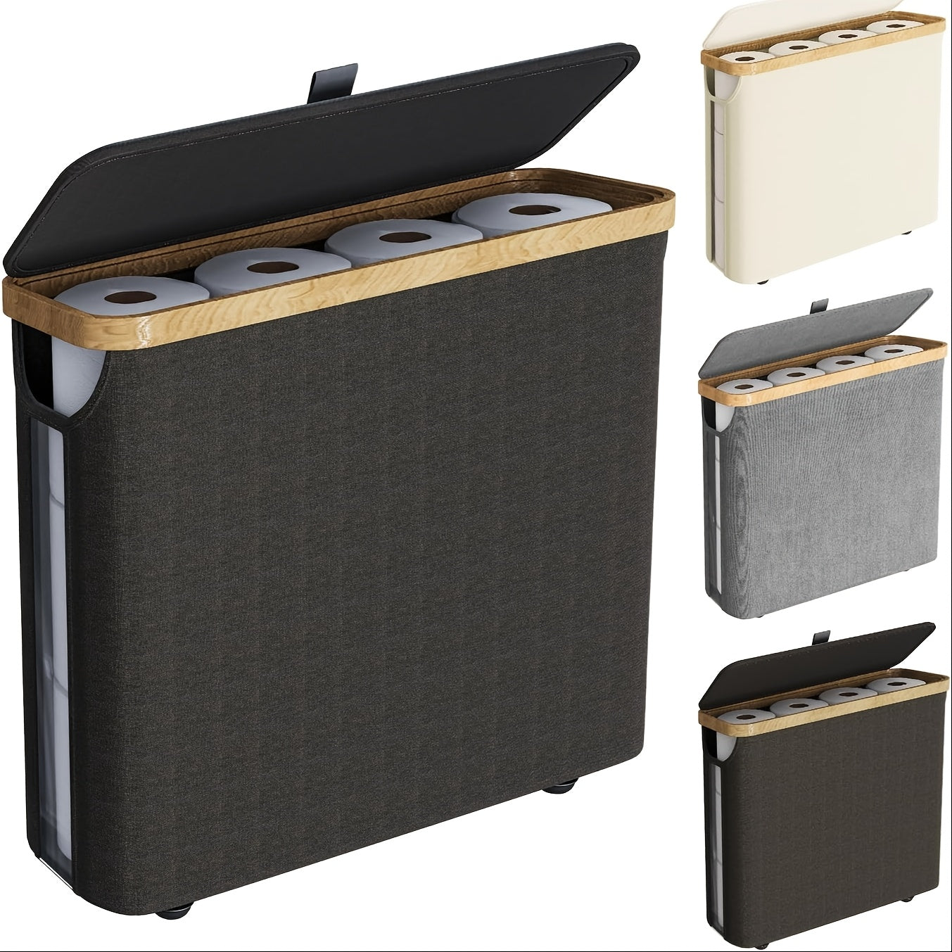 12 Rolls Bamboo Toilet Paper Holder with Lid - 30L Capacity, Modern Fabric Storage Basket for Bathroom, Kitchen, or Office, Multi-Purpose Organizer with Handle, Bathroom Organizer|Sleek Toilet Paper Holder|Durable Bamboo Mate