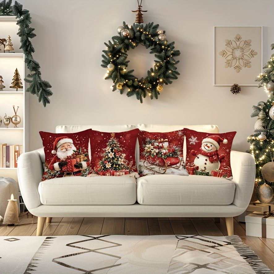 4pcs Festive Christmas Throw Pillow Covers, 45.72x45.72 cm, Zipper Closure, Retro Santa & Snowman Designs with Gift Boxes and Wreaths, Farmhouse Holiday Decor for Porch, Patio, Couch, Sofa, Living Room – No Inserts Included
