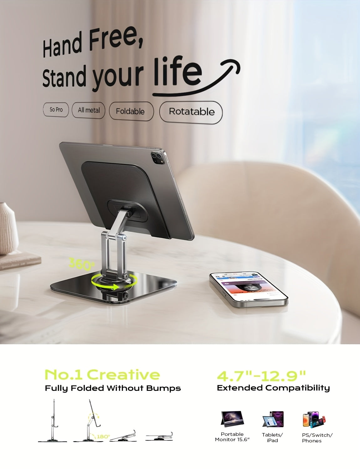 Heavy-Duty 20kg Stable Adjustable Tablet Stand with Rotating Base & Folding Design - Heavy-Duty Iron Construction, 360° Rotating Tablets, for iPad, Phone, Tablet, Laptop, Ergonomic Workspace, Sturdy Build, Office Workers