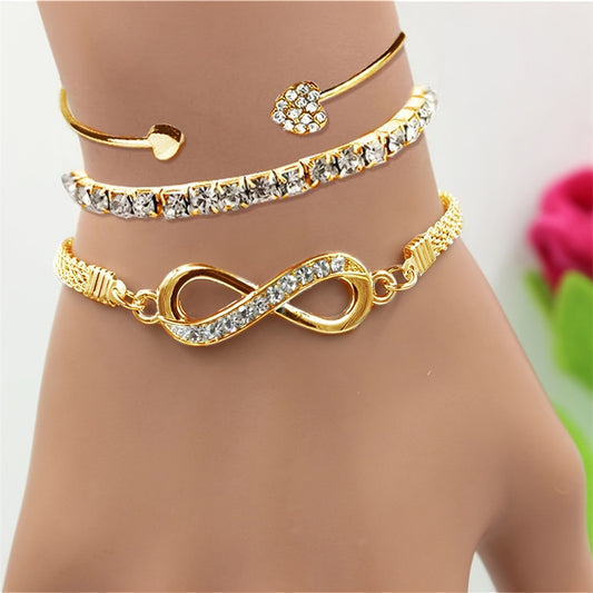 3 PCS Set Women's Bracelet and Bangle Set, Fashionable Elegant Rhinestone Infinity Symbol Tennis Chain Open Cuff Bracelet Collection for Christmas Thanksgiving Halloween Party Gift, Bracelets for Women, Bracelets for Women Hi