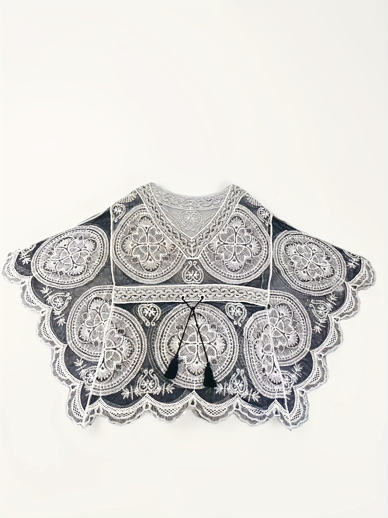 Boho Chic Floral Embroidered Swimsuit Cover-Up - V-Neck, Sheer Mesh Beach Cover-Up with Batwing Sleeves & Tassel Detail, Lightweight for Women, Perfect for Summer Vacations, Beach Coverup|Boho Chic Style|Stretchy Fabric