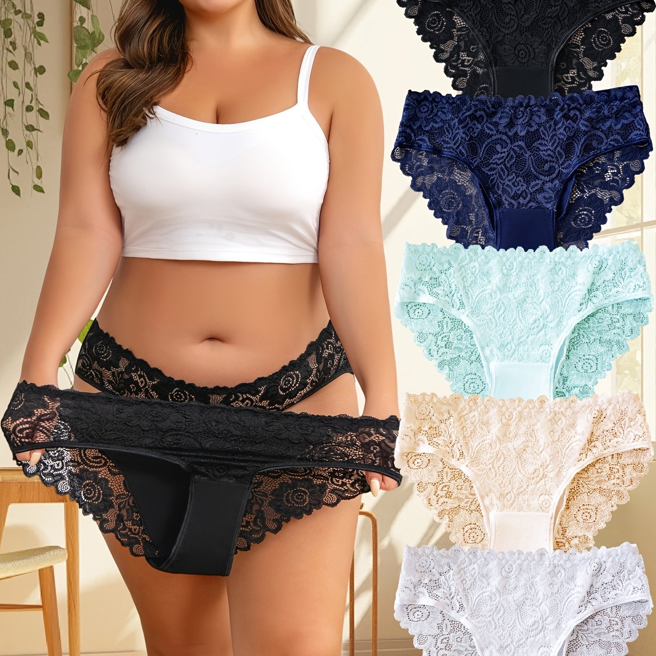 For Curvy Ladies UK XL-5XL (18-26) Plus Size 5 PCS Set Sexy Lace Panties, Comfortable and Breathable Mid-rise Underwear, Semi-transparent Lace Panels with Floral Prints, Perfect for Summer Beach Bikinis