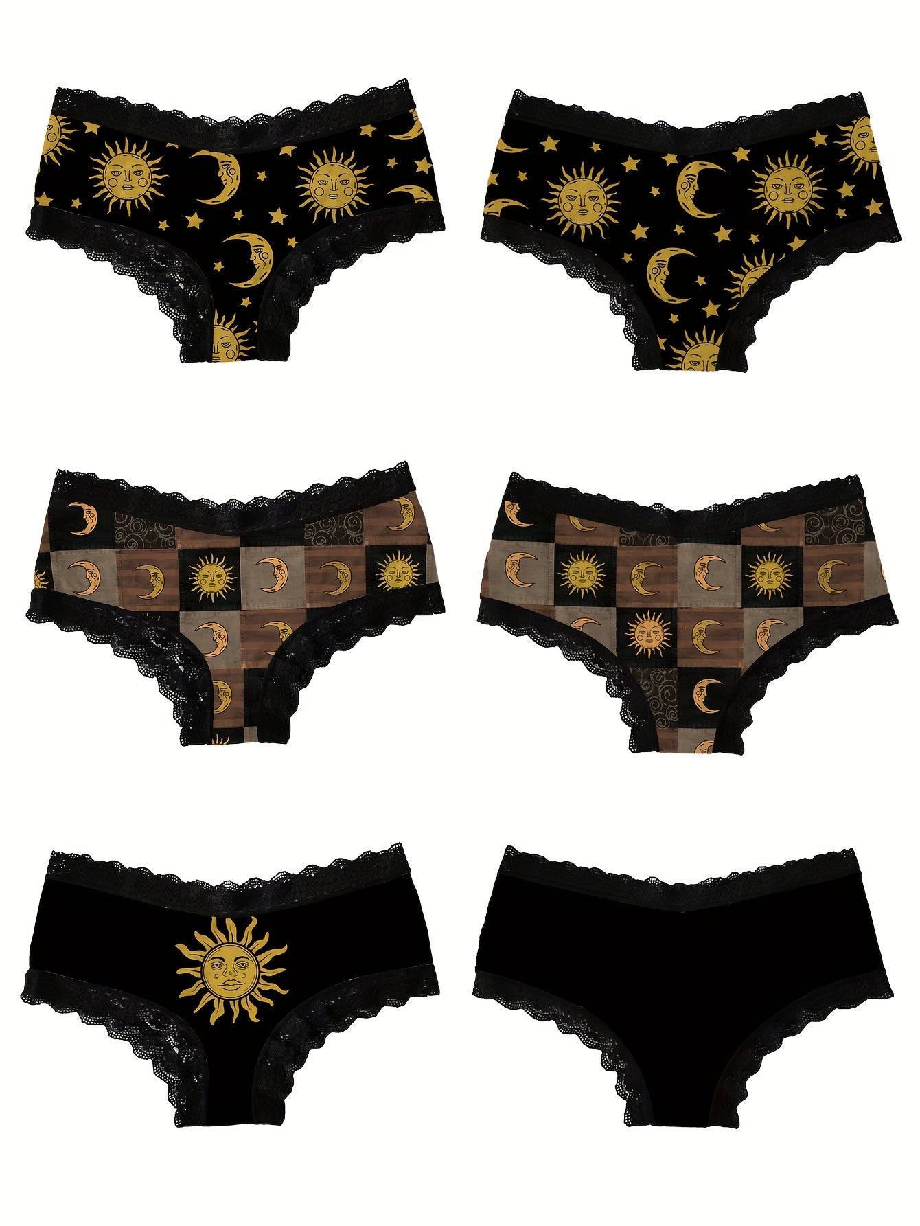 3 PCS Set UK Size Moon & Sun Print Lace Trim Briefs, Comfy Breathable Stretchy Intimates Panties, Women's Lingerie & Underwear