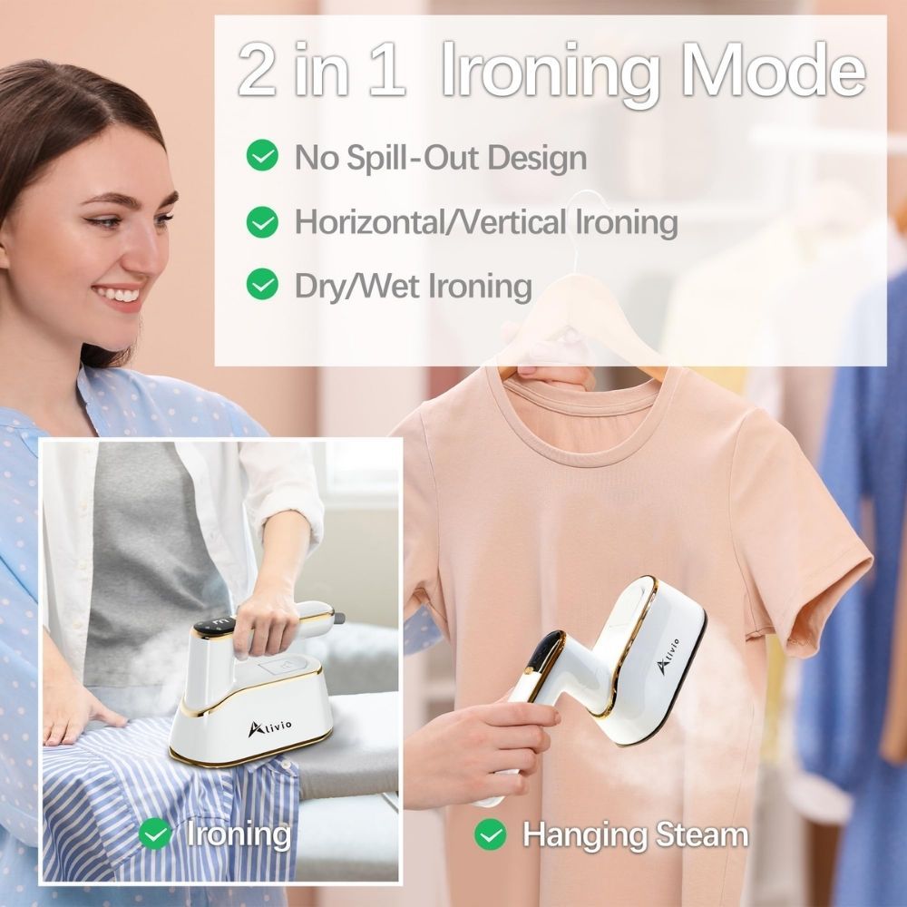 2 in 1 Steam Iron with 3 Level Steamer, Wet/Dry Portable Iron with LCD Screen & 180 Degree Rotating Handle for Silk, Wool, Cotton, Chiffon, Linen, Nylon (White)