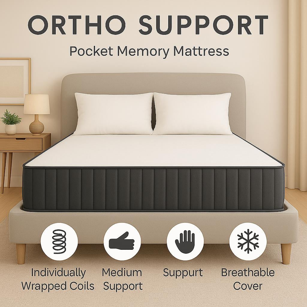 Ortho Support Pocket Memory Mattress - Medium-firm, Zoned Pocket Springs & Pressure Relieving Memory Foam, Hypoallergenic, Orthopedic Rolled & Boxed For Easy Set Up Home Bedding Supplies