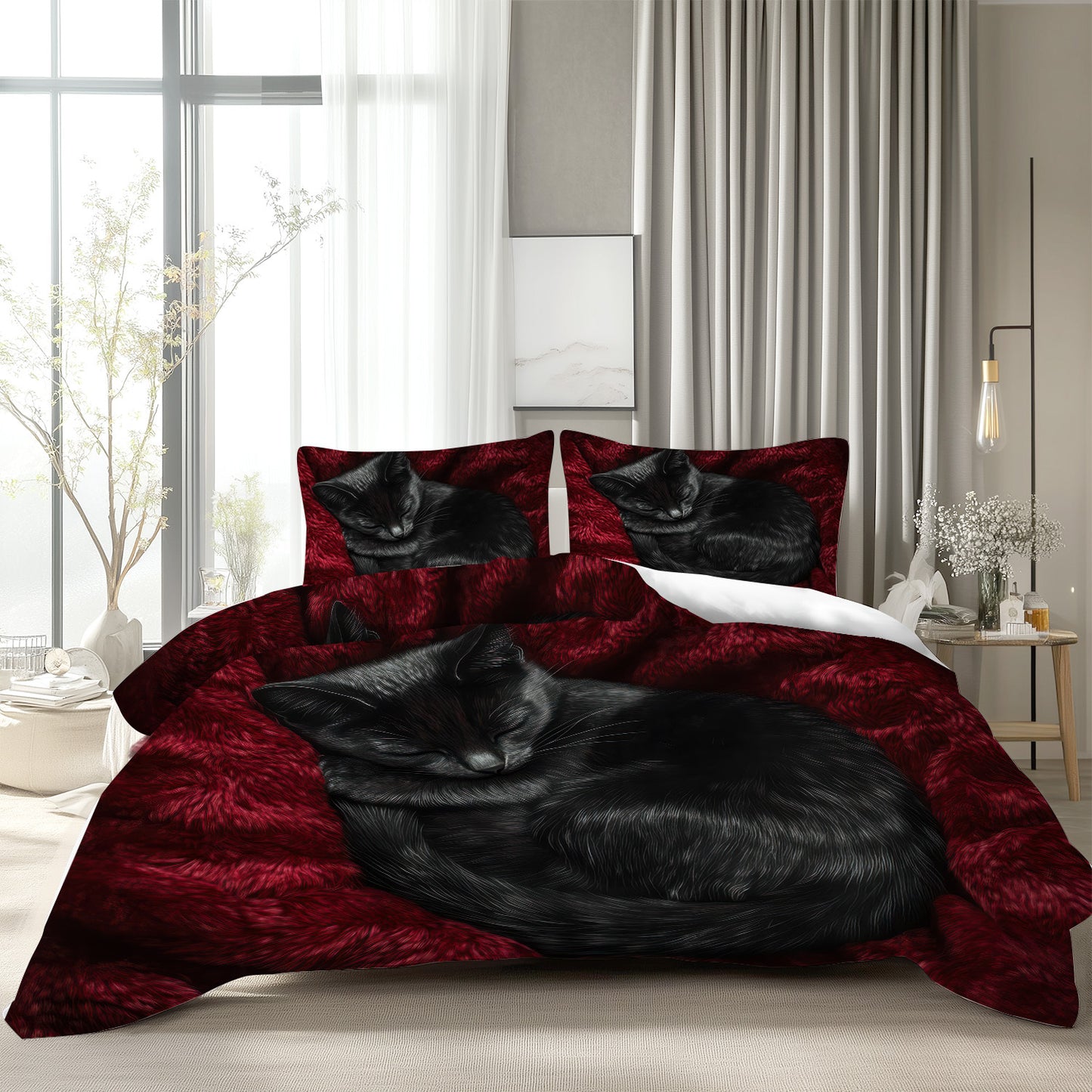 2/ 3 PCS Set Black Cat Red Duvet Cover Set, 1 Duvet Cover & 2 Pillowcases, Black Cat Red Design Bedding Set, Machine Washable, Soft and Comfortable Bed Cover Set for Bedroom