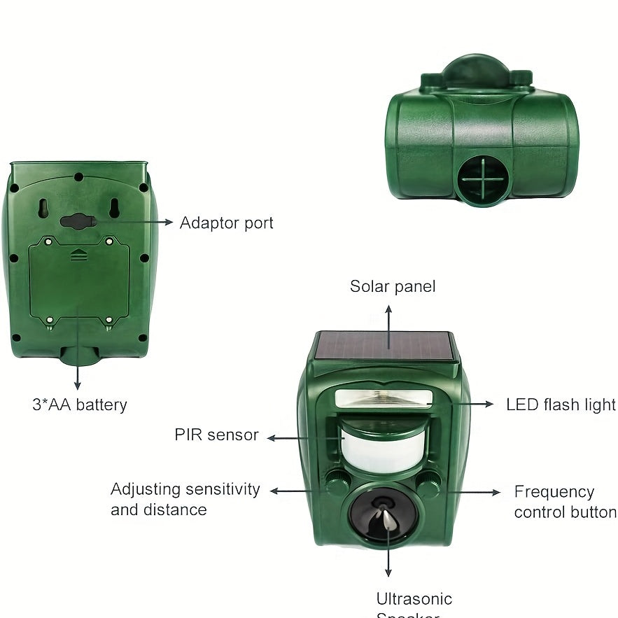 Upgrade Solar-Powered Ultrasonic Animal Repellent, Farm Home Garden Action-Sensor LED Flashlight - Waterproof IP66, Dog, Cat, Squirrel, Raccoon, Skunk, Rabbit, Rodent, Fox, Deer Repellent, 36.83x10.92x5.33 cm, Outdoor Securi