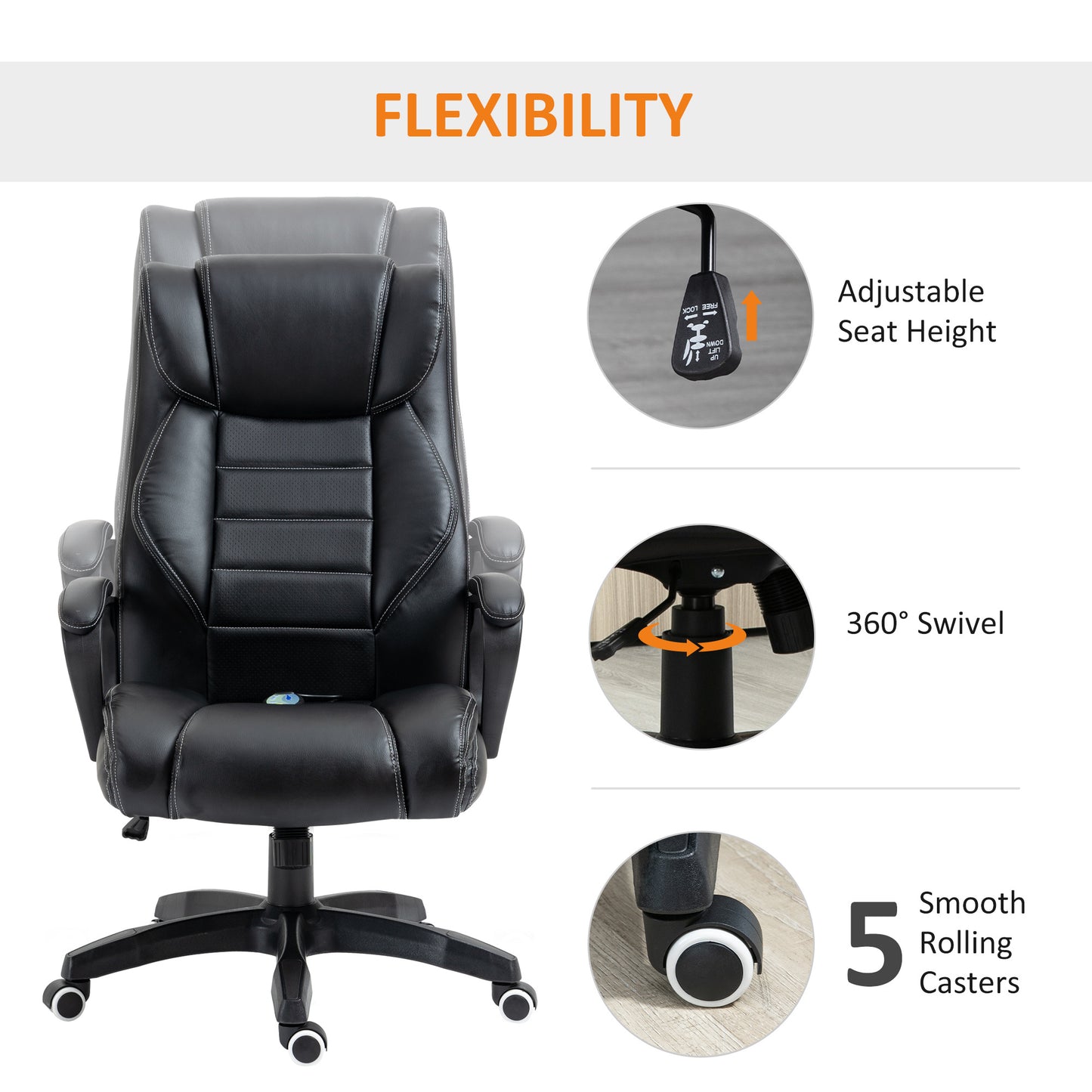High Back Executive Office Chair 6- Point Vibration Massage Extra Padded Swivel Ergonomic Tilt Desk Seat
