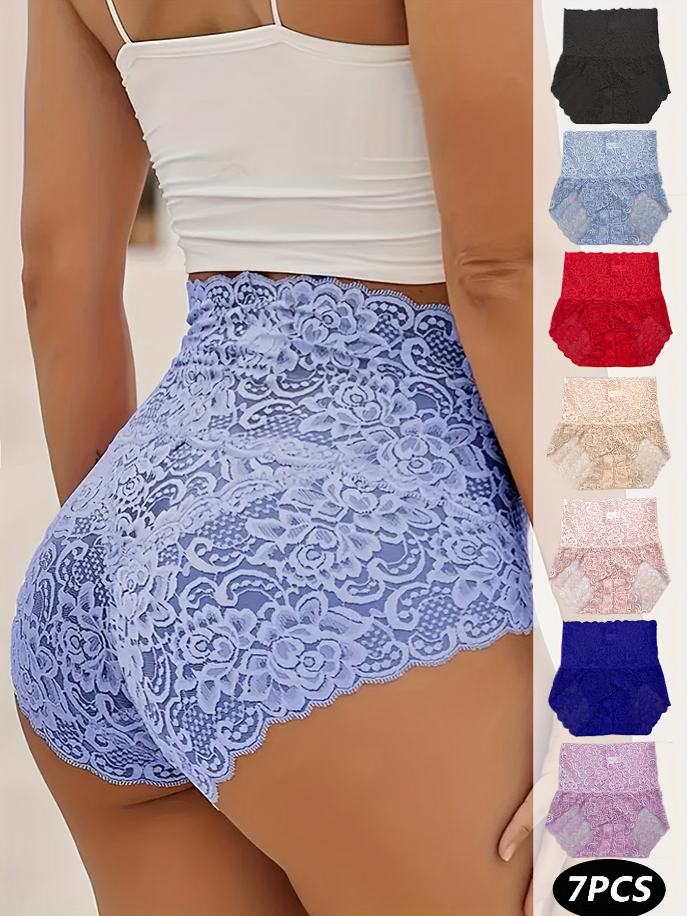 7pcs Set Women's High-Waisted Lace Underwear - Floral Print Bikini Briefs with Multi-Color Options (Black, Navy, Red, Pink, Beige,, Purple) - Full Coverage Opaque Triangle Panties, Hand Washable Lace Trim & High for