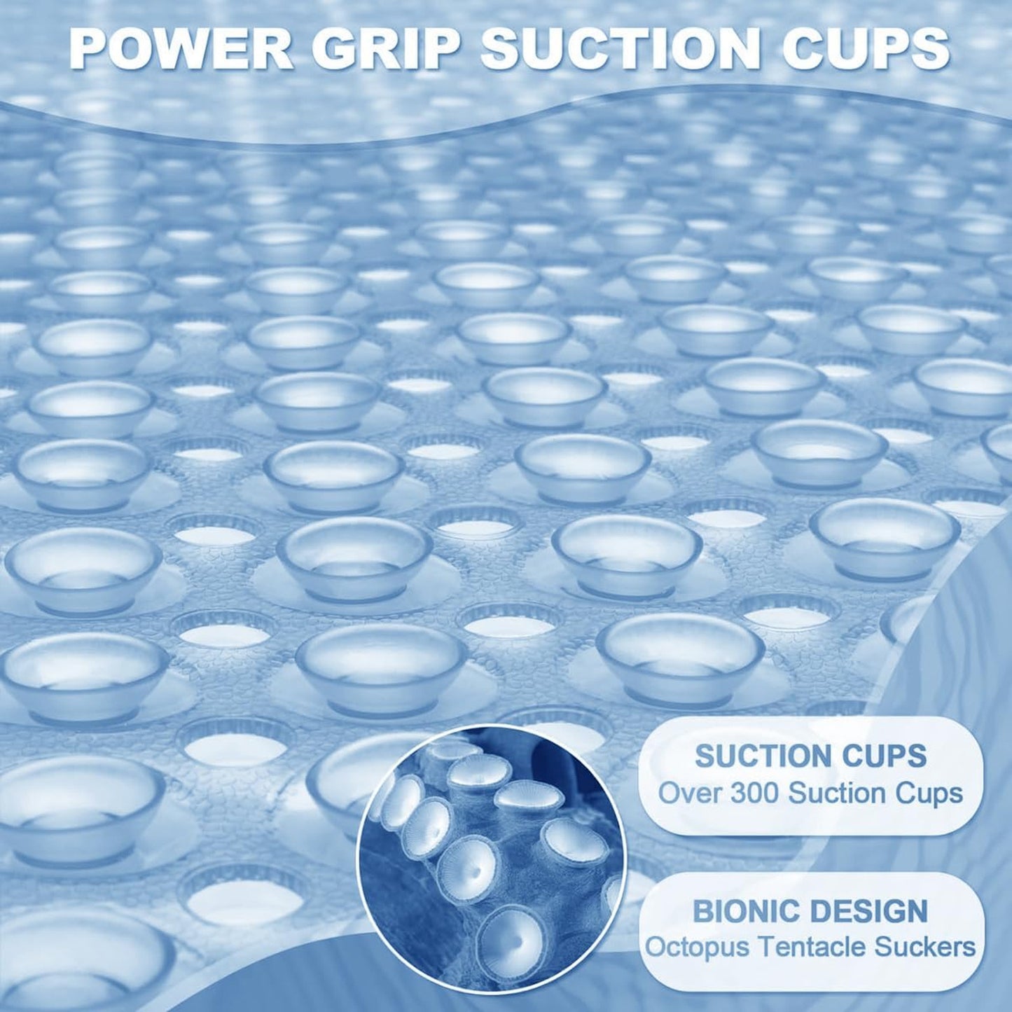 Large Shower Mat – Light Blue/Crystal/White Color Non-Slip, Strong Suction Cups & Drain Holes, Quick-Dry, Machine Washable, Durable & Comfortable for Bathtub and Bathroom Floor Use