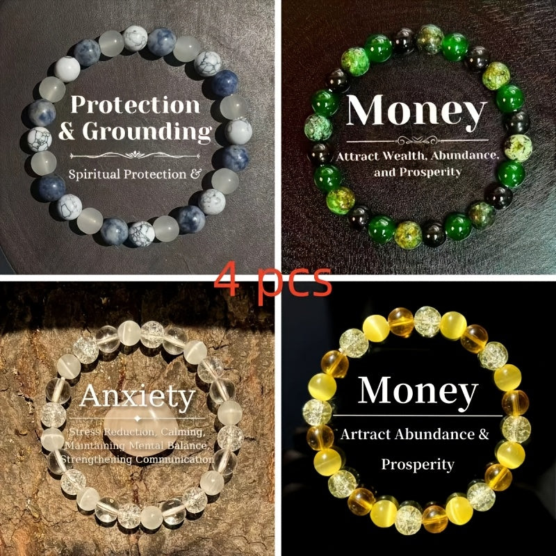 4 PCS Set Natural Stone Bracelet Set, Unisex, Attracts Wealth and Good Luck Jewelry Accessories