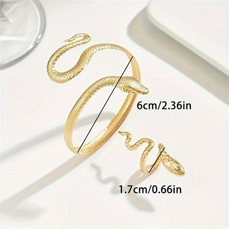 2 PCS Set of Dynamic Snake-Shaped Jewelry for Women, Featuring a Fun Snake-Pattern Bracelet And Ring , Designed with a Golden Plating for a Party- Jewelry Tools Sets