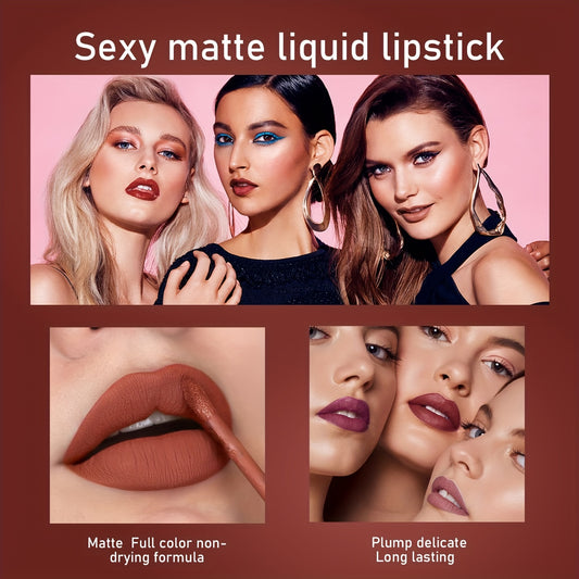 NEW 6 PCS Set Matte Liquid Lipstick - Waterproof Long-Lasting Full Coverage Lip Gloss, Non-Stick Formula with 6 Shades (, Nude, Burgundy, Deep, Plum,) - Lip Tint Kit for  Lips & All Light Types