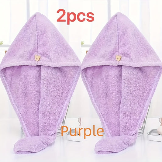 2 PCS Set 3 Colors Super Absorbent Coral Fleece Hair Towels with Button Closure - Quick-Dry, Soft & Stylish Women's Blowout Caps, Modern Design in Pink, Purple, Light Blue, Hair Towel For Women, Hair Towel For Men, Hair Towel