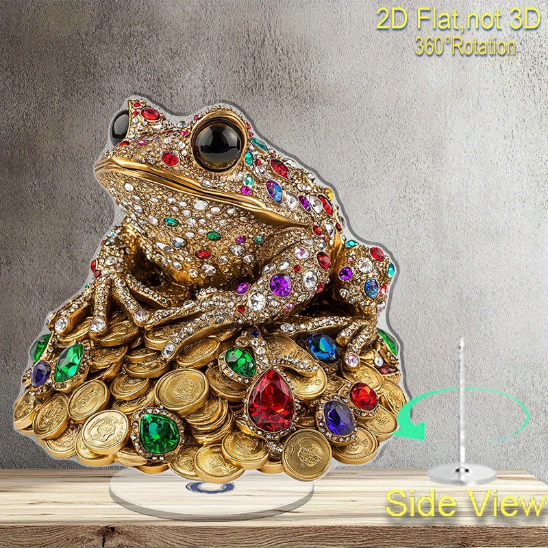NEW Arrivals 2D Flat, 2D Flat Print Rotate Acrylic Ornament Featuring A Mesmerizing Jeweled Frog Atop Gleaming Golden Coins Ideal for Elevating Your Home Decor Gifting for Special Occasions Or Unique Celebrations