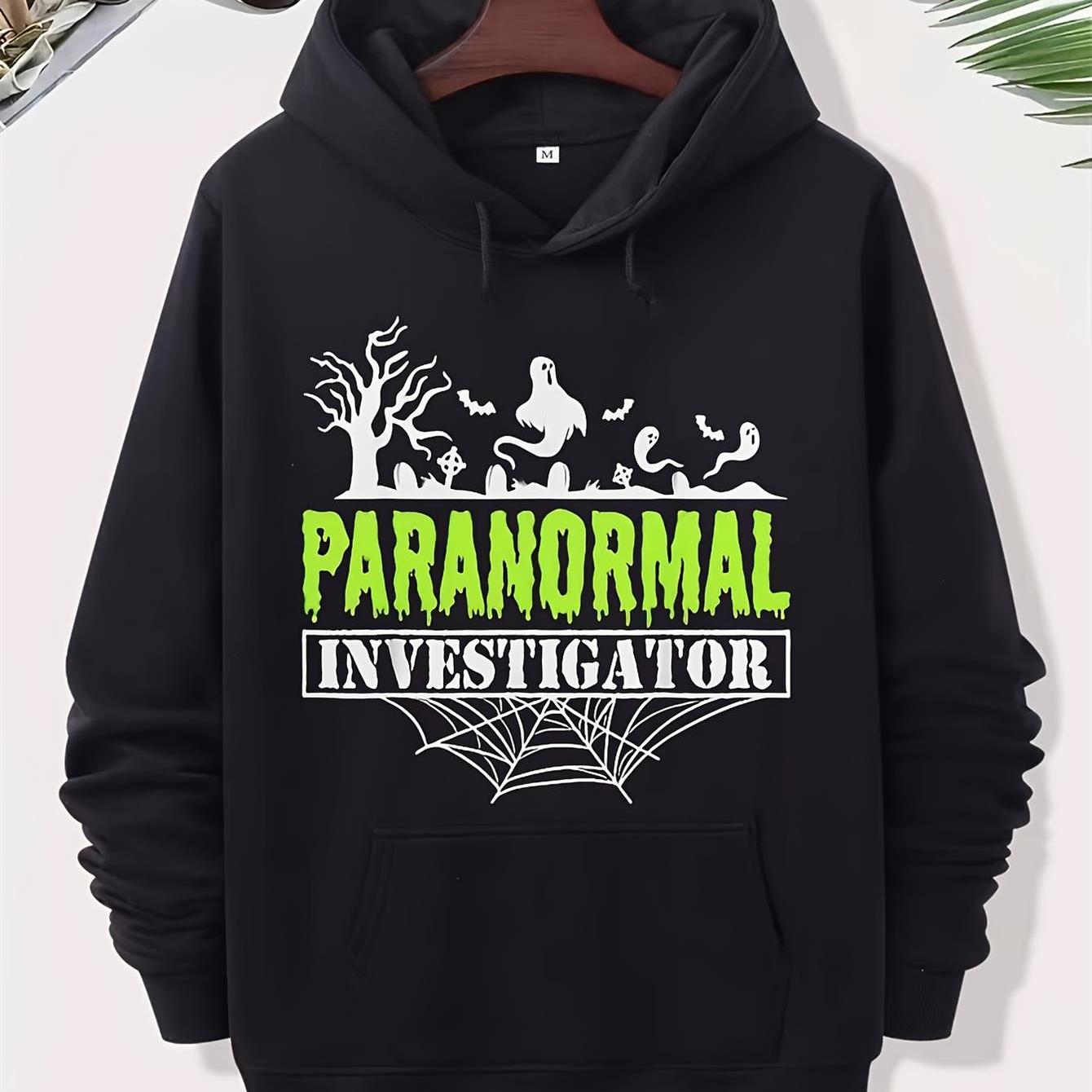 Mens & Unisex Paranormal Investigator Hoodie | Black with Neon Green Ghoul Print, Gothic Sweater for Halloween Costumes, Couple Matching, Machine Washable Pullover, Casual Edgy Wear, Perfect for Fall/Winter