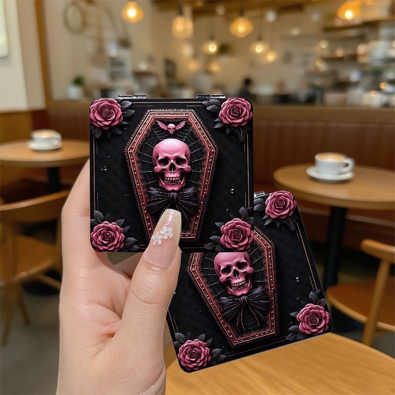 Gothic Skull Coffin Compact Mirror - A Dual-Sided Folding for Makeup Mirror, Perfect for Travel, Featuring Rose Embellishments, Ideal for Halloween Gothic Style, a Pocket Mirror for Women, And a Distinctive Gift for Makeup En