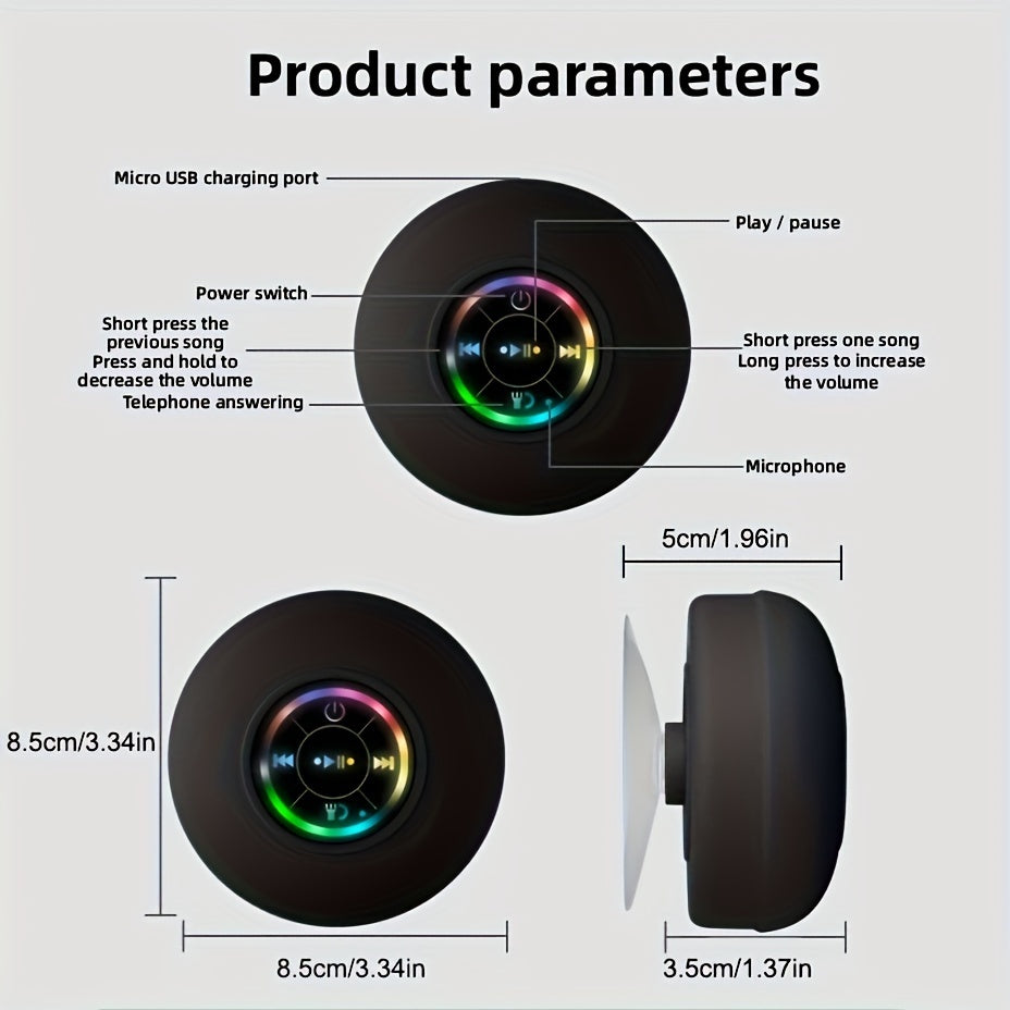 LED Bathroom Speaker, Compact Wireless Mini Speaker with USB Charging, Battery, Button Control, And a Large Suction Cup Included