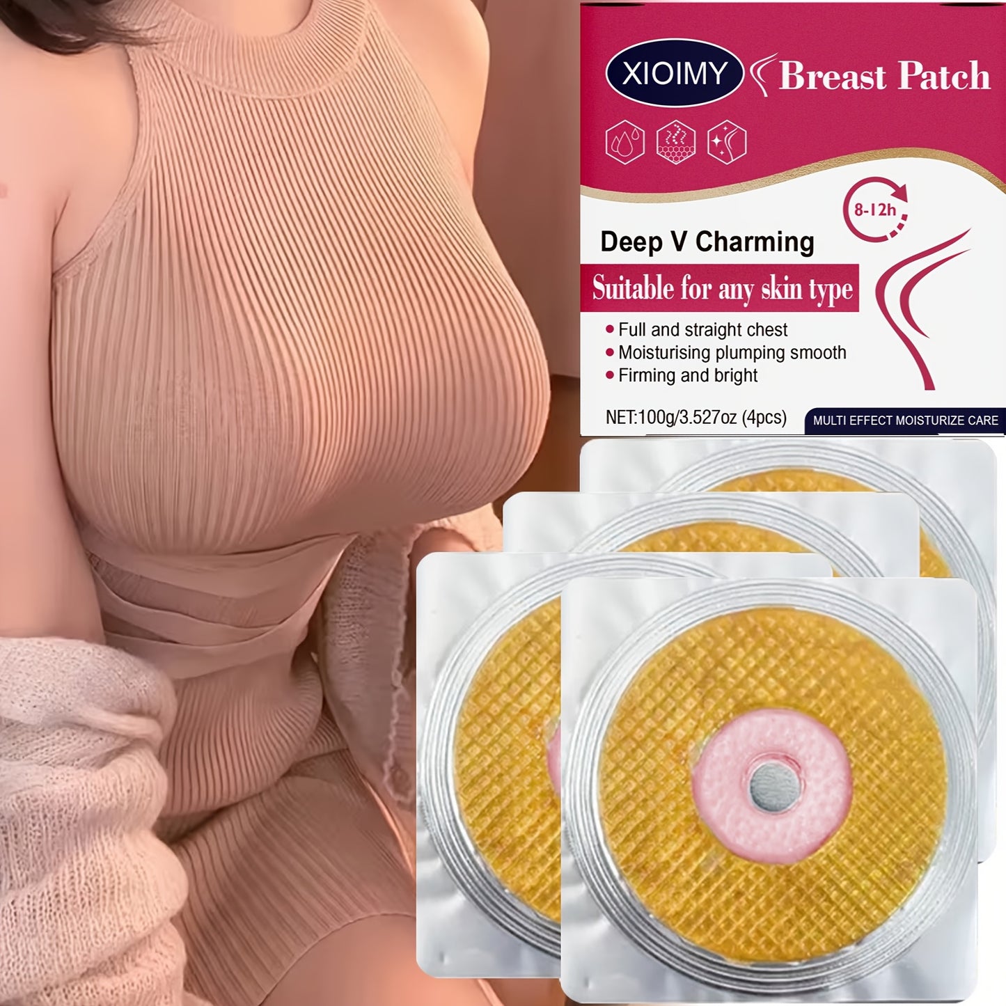 4 PCS Set of Instant Lift And Firm Breast Patches, Providing Intense Hydration And Deep Nourishment, Making The Skin on The Breasts Softer And More Hydrated, Infused with Aloe Vera And Hyaluronic Acid, Suitable for All Skin T