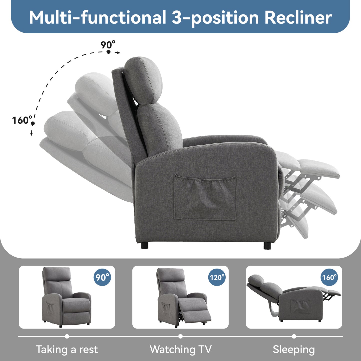 Push Back Recliner Chair Bed , Single Sofa with Lumbar Support, Padded Backrest, Side Pocket and Adjustable Leg Rest for Home Living Room