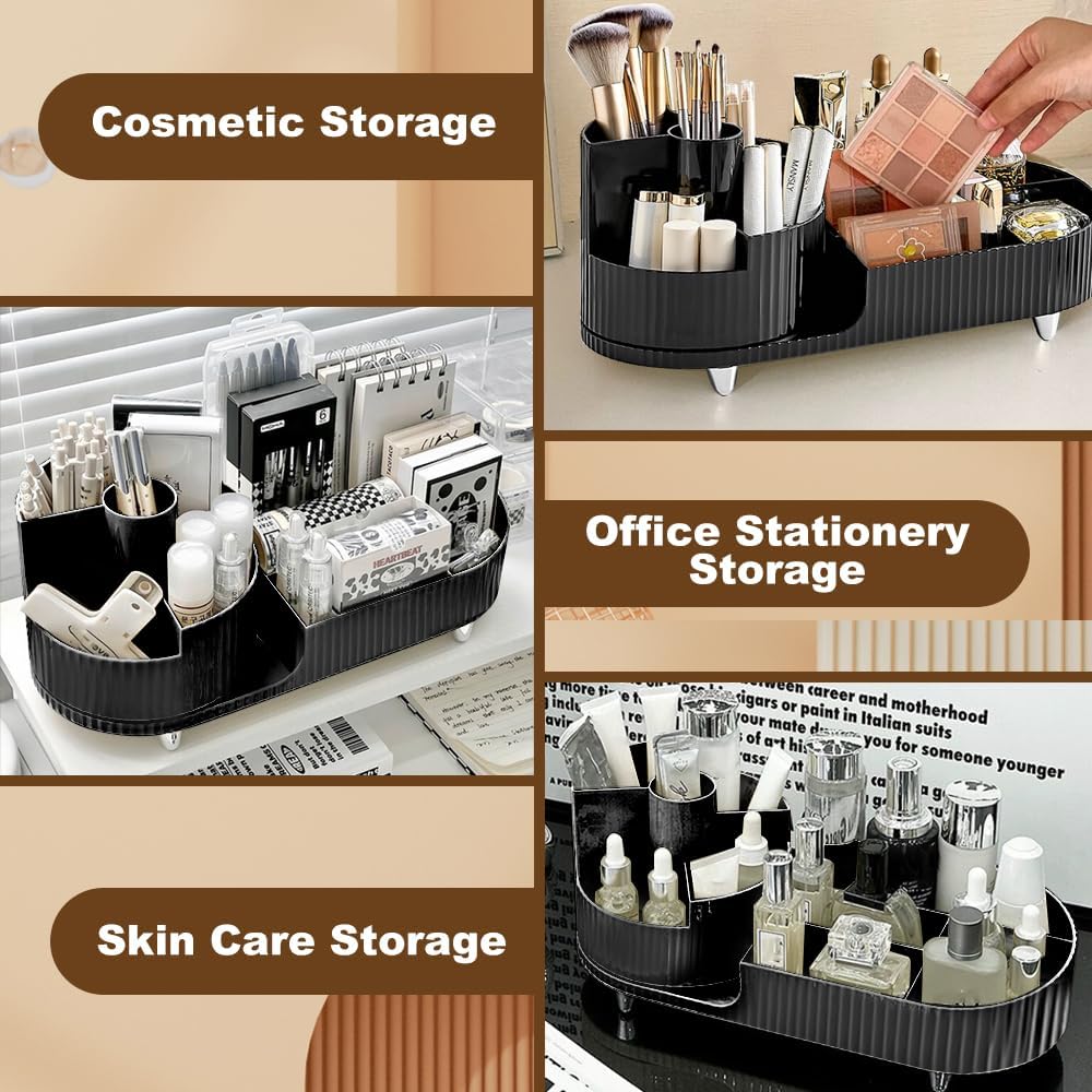 Black and White Color Rotating Makeup Organizer, 360°Rotating Large Capacity Brush Holder, Storage with Compartments for Vanity, Bathroom, Desk Container, Cosmetic Display Cases