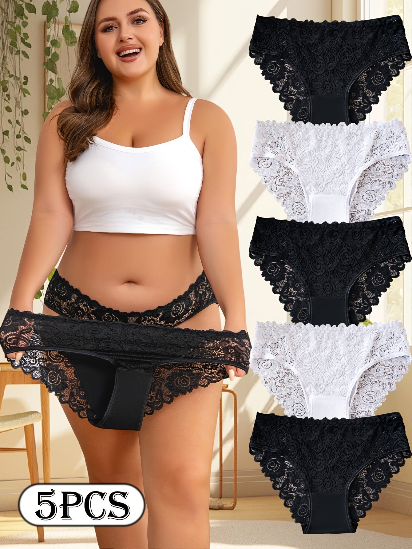 For Curvy Ladies UK XL-5XL (18-26) Plus Size 5 PCS Set Sexy Lace Panties, Comfortable and Breathable Mid-rise Underwear, Semi-transparent Lace Panels with Floral Prints, Perfect for Summer Beach Bikinis