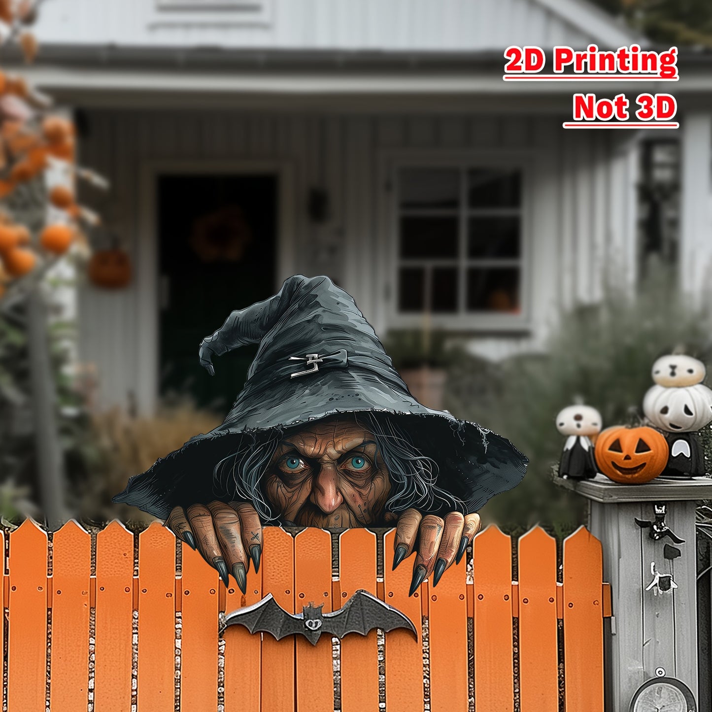 1pc Scary Old Witch Peeking Over Fence Halloween Yard Decoration - 2D Flat Artificial Wood Spooky Outdoor Sign with Glowing Eyes & Sharp Teeth, 23.11cm x 29.97cm Irregular Shape for Garden, Porch, Haunted House Parties - No B
