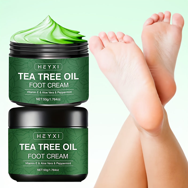 2 PCS Set Tea Tree Oil Foot Cream, Enriched with Vitamin E, Aloe Vera, and Mint, Effectively Moisturizes Dry, Rough, and Cracked Skin, with a Long-lasting Fresh Fragrance. Foot Care Formula Contains Plant-derived Squalane
