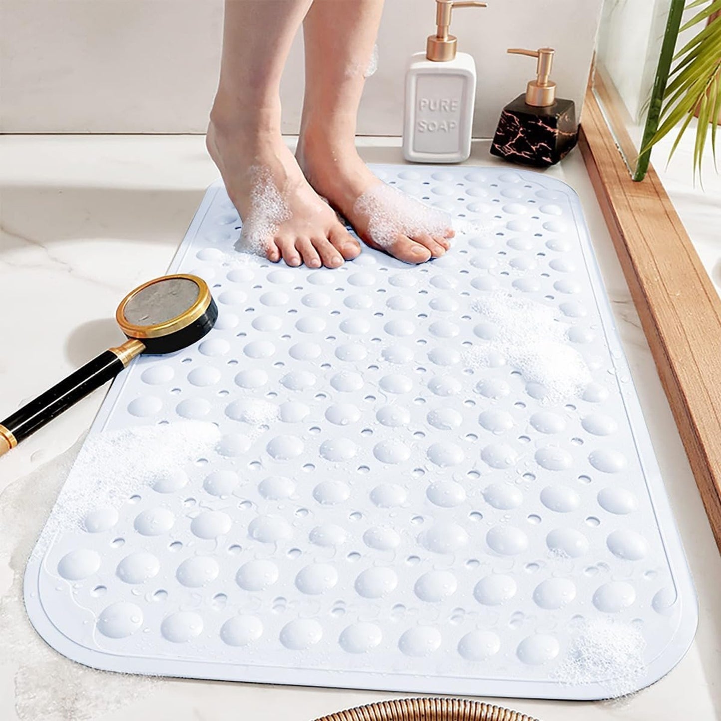 Large Shower Mat – Light Blue/Crystal/White Color Non-Slip, Strong Suction Cups & Drain Holes, Quick-Dry, Machine Washable, Durable & Comfortable for Bathtub and Bathroom Floor Use