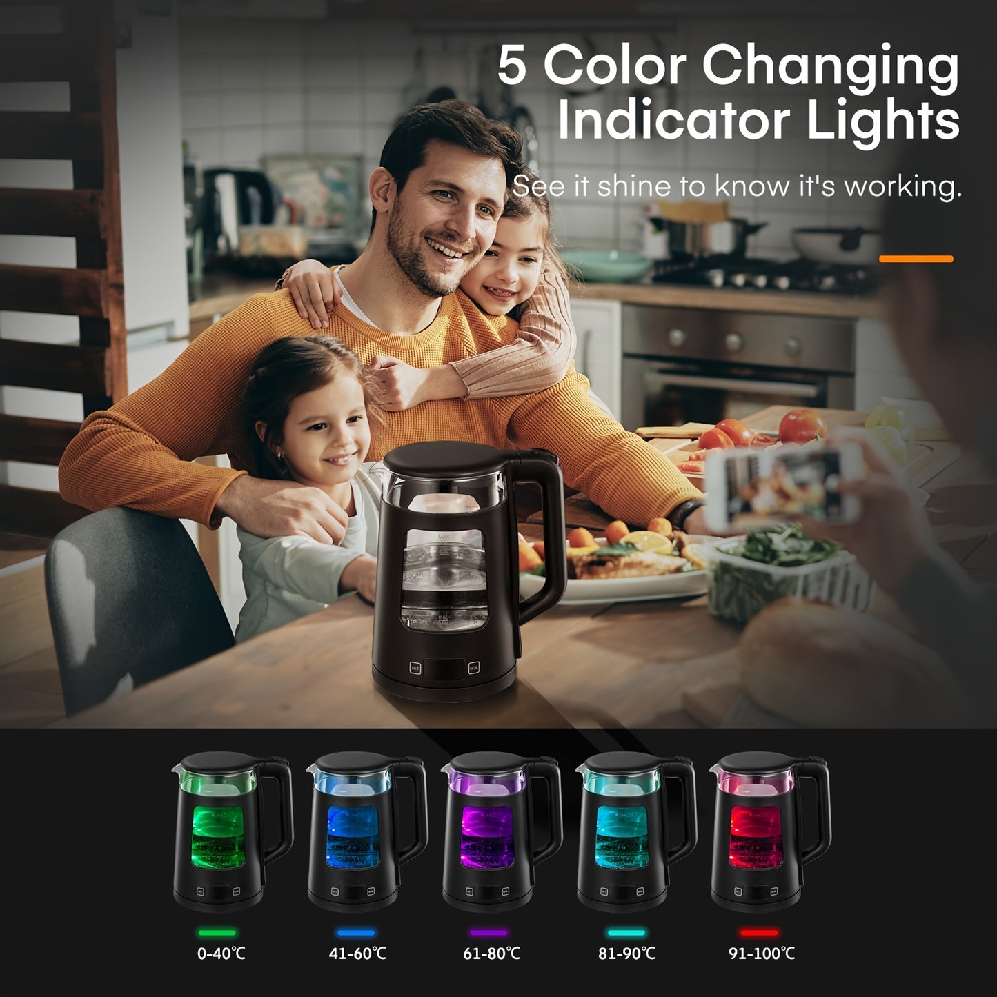 1.7L Glass Electric Kettle with Keep Warm, 5-Temperature Control (Chiller Mode), 2200W Fast Boil, Auto Shut-Off & Boil- Protection, & 5- Indicator, UK Plug (220-240V) - Tea Maker & Beverage Dispenser