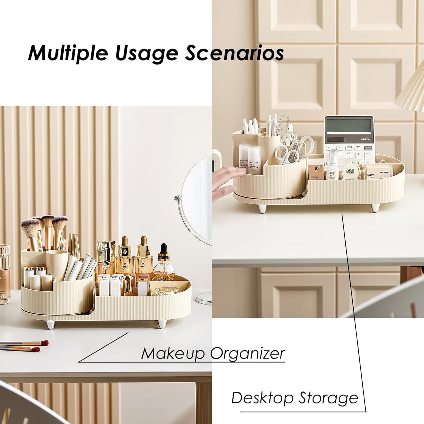 Black and White Color Rotating Makeup Organizer, 360°Rotating Large Capacity Brush Holder, Storage with Compartments for Vanity, Bathroom, Desk Container, Cosmetic Display Cases