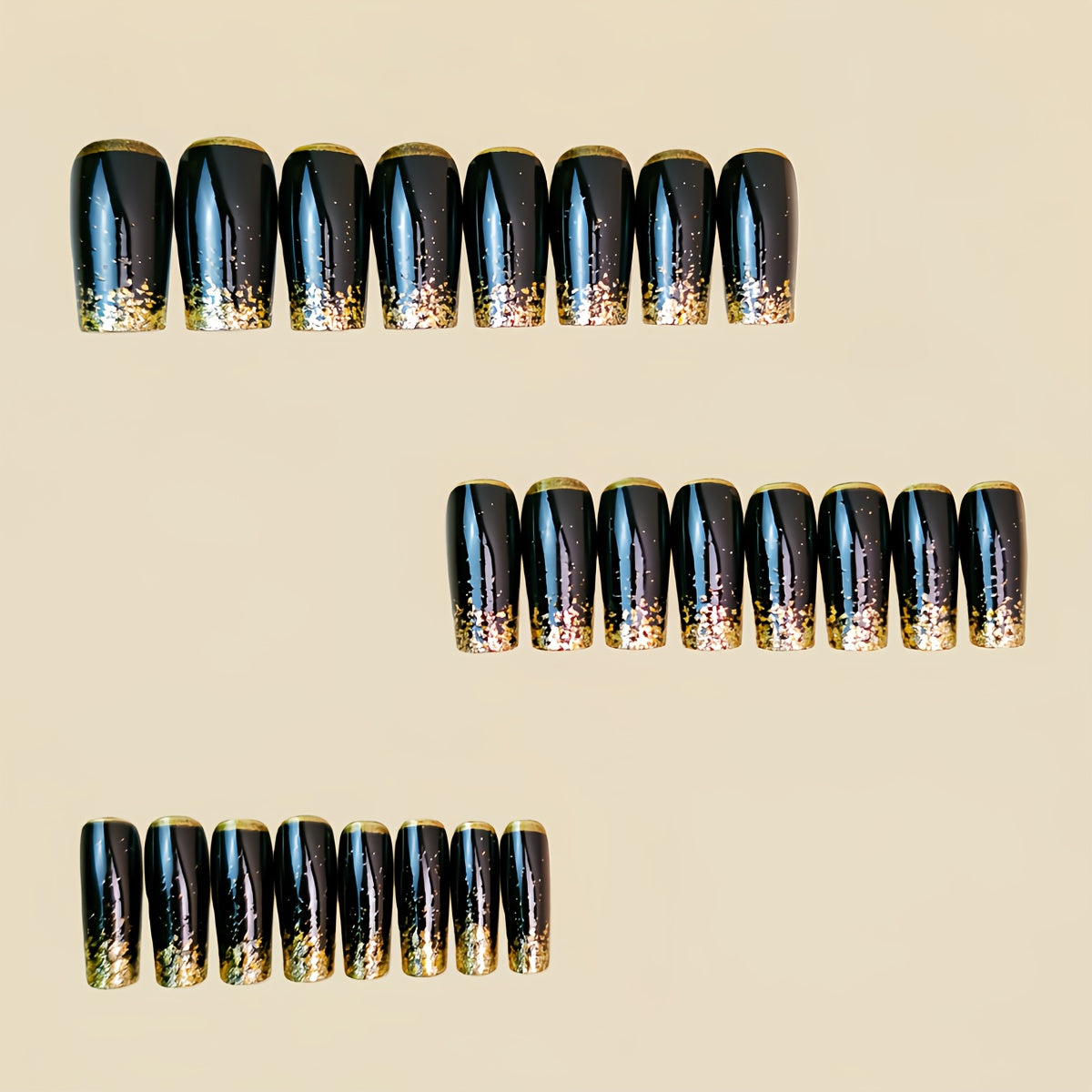 24 PCS Set Golden Glitter Ombre Black Long Square Press-On Nails, Detachable Fake Nails for Women, Simple & Elegant Nail Art to Enhance Your Fingertips' Charm