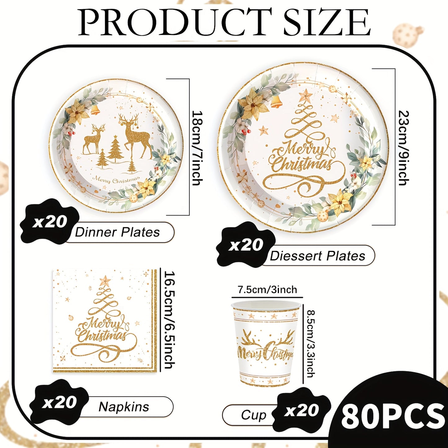 80pcs White Golden Christmas Theme Party Tableware Set, Parties Supplies, Holiday Decorations, Happy Xmas! Christmas