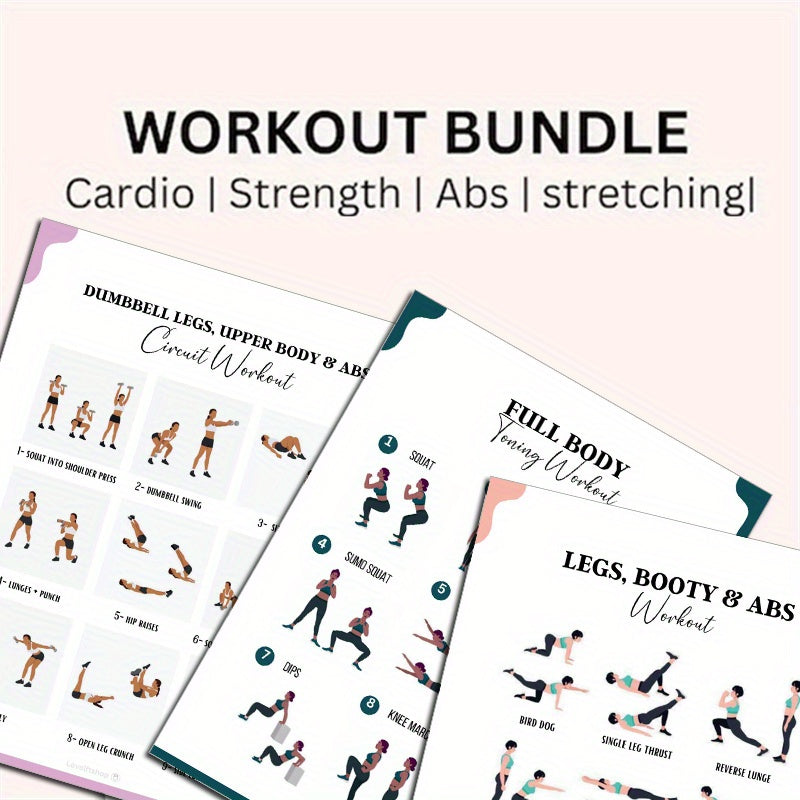 [2D Flat] 14pcs Full Body Exercise Workout Bundle - Home Gym Fitness Guide with 20.32*25.4cm Unframed Papers, Complete Set for Home Workouts, Including Yoga, Pilates, Strength Training & Aerobic exercises