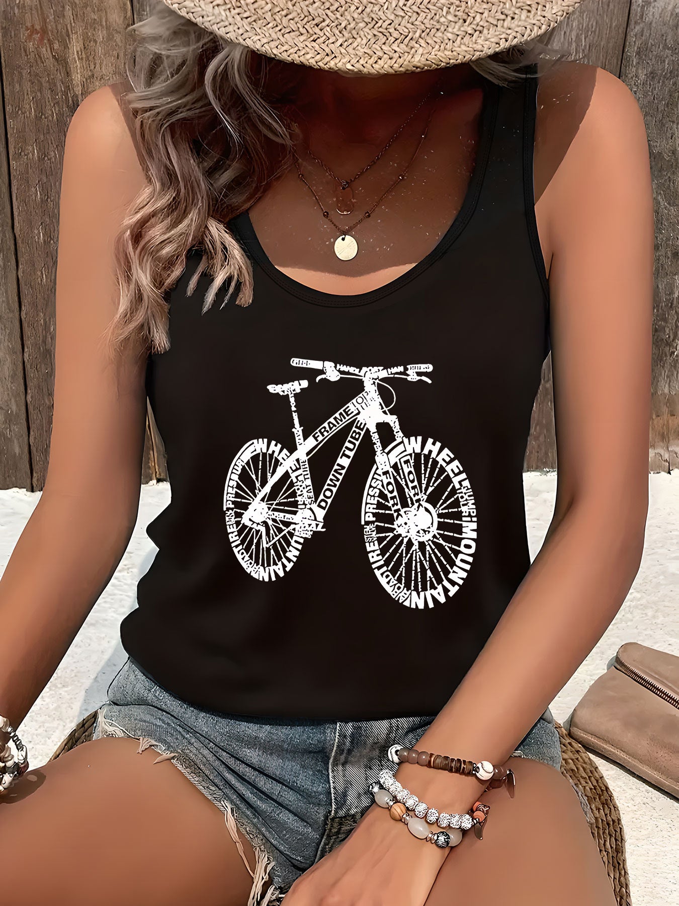 For Big Girls XL-5XL UK(18-26) Plus Size Women's Casual Mountain Bike Graphic Tank Top Features a Letter Pattern Print in Black, Designed for Cycling Enthusiasts. Stylish And Comfortable Sleeveless Shirt Suitable for All Seas