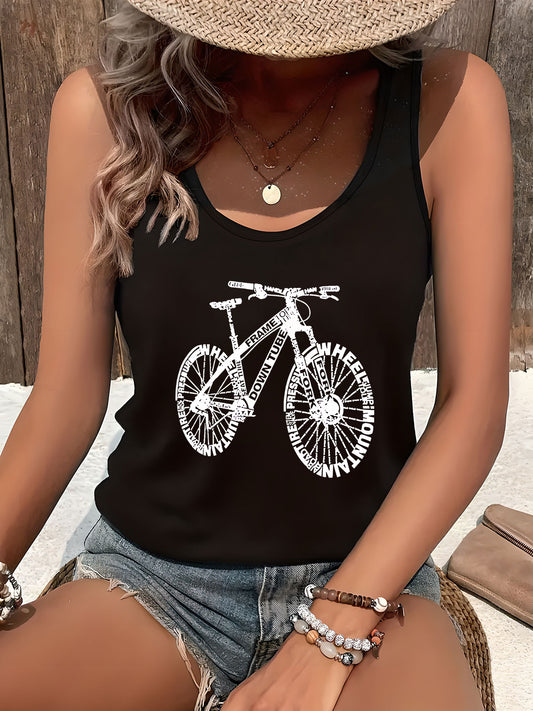 For Big Girls XL-5XL UK(18-26) Plus Size Women's Casual Mountain Bike Graphic Tank Top Features a Letter Pattern Print in Black, Designed for Cycling Enthusiasts. Stylish And Comfortable Sleeveless Shirt Suitable for All Seas