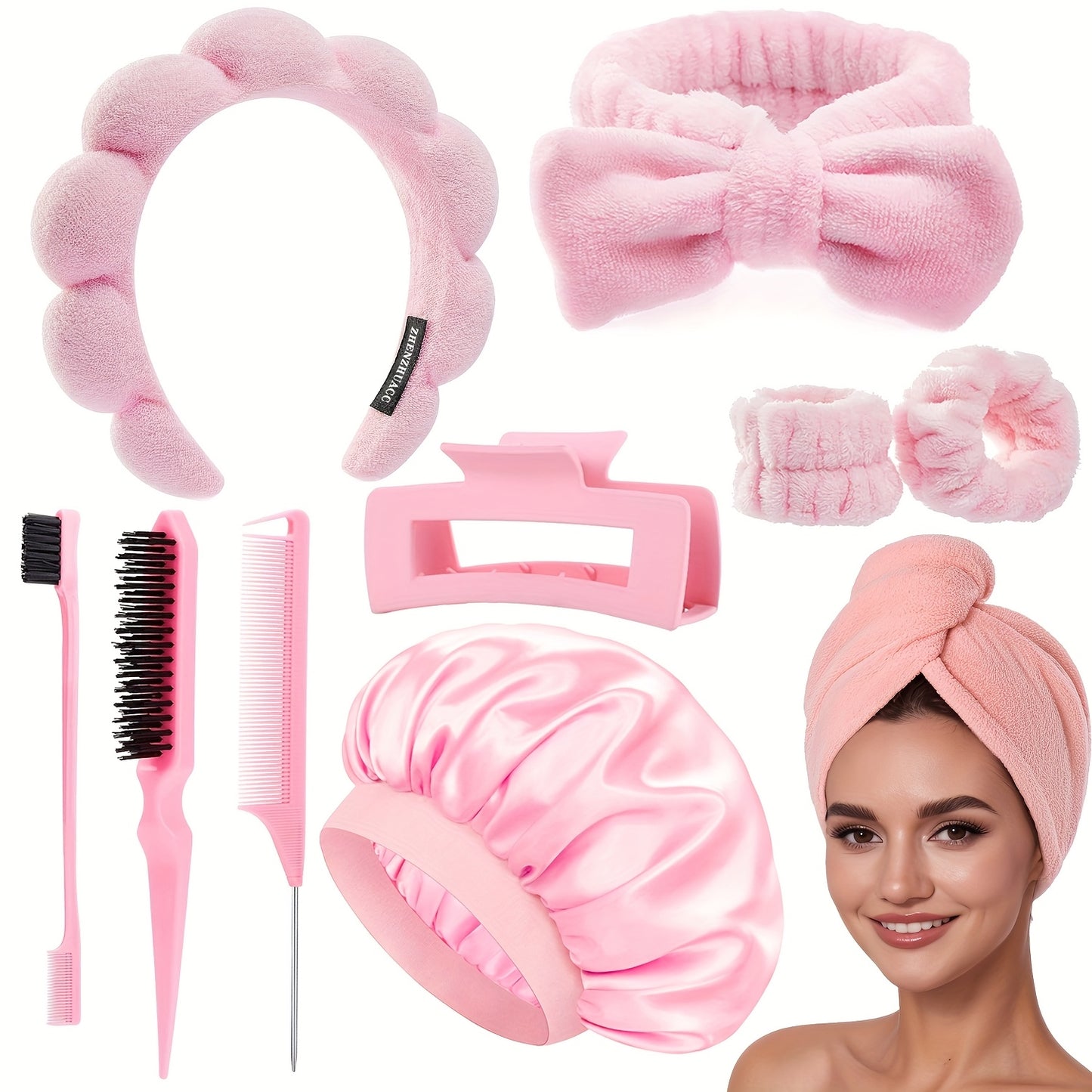 10 PCS Set Spa Headband and Hair Care Set | Slick Back Hair Brush, Soft Nightcap with Hair Band Wristband and Claw Clips, Microfiber Towel for Drying Hair, Curl Enhancing, Unscented