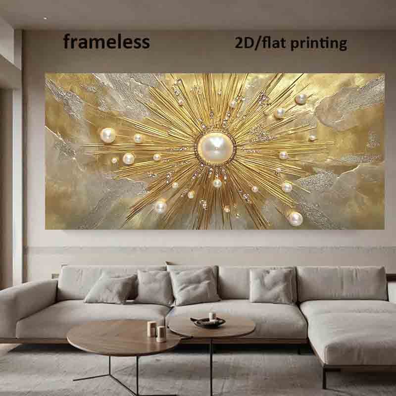1pc Large Modern Golden Pearl Sunburst Wall Art - Frameless HD Canvas Poster 39.37"x78.74" (100x200cm) Golden Burst Painting for Living Room, - Luxury Contemporary Holiday Gift Suitable for Christmas, Halloween