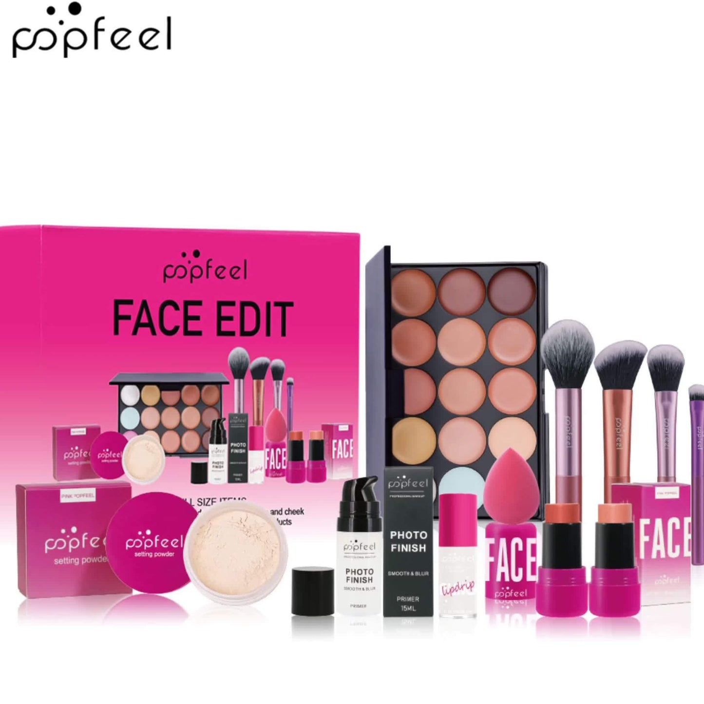 Complete Face Makeup Kit with Face Edit Palette - Waterproof & Sweatproof Long-Lasting Full Coverage, 12-in-1 All-in-One Palette with Primer, Foundation, Concealer, Powder, Blush, Contour, Highlighter, Bronzer, Eyeshadow, Li
