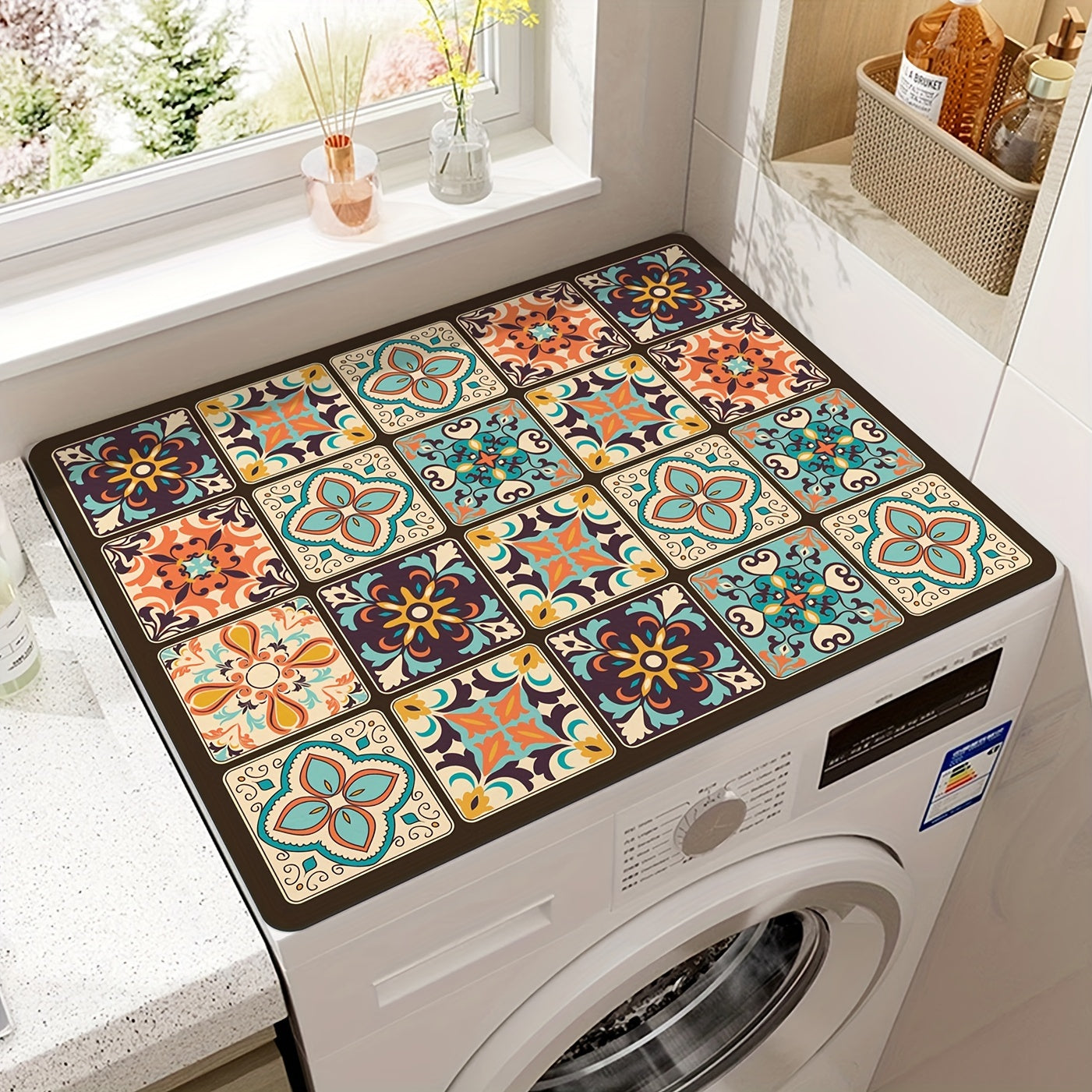 Vibrant Retro Mosaic Washing Machine Cover - Waterproof & Durable Diatomaceous Earth Material, 59.99cm X 50.01cm, Colorful Floral Patterns, Ideal for Kitchen Or Laundry Room Deco