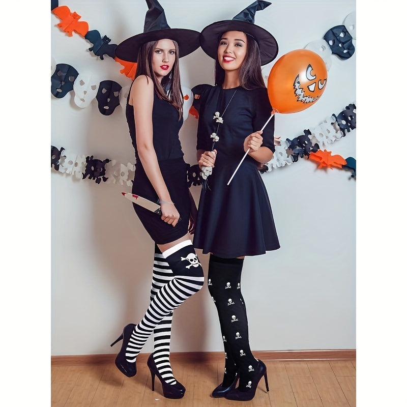4 Pairs Set of Gothic Thigh-High Stockings Pantyhose Long Socks Featuring Skull Designs for Cosplay