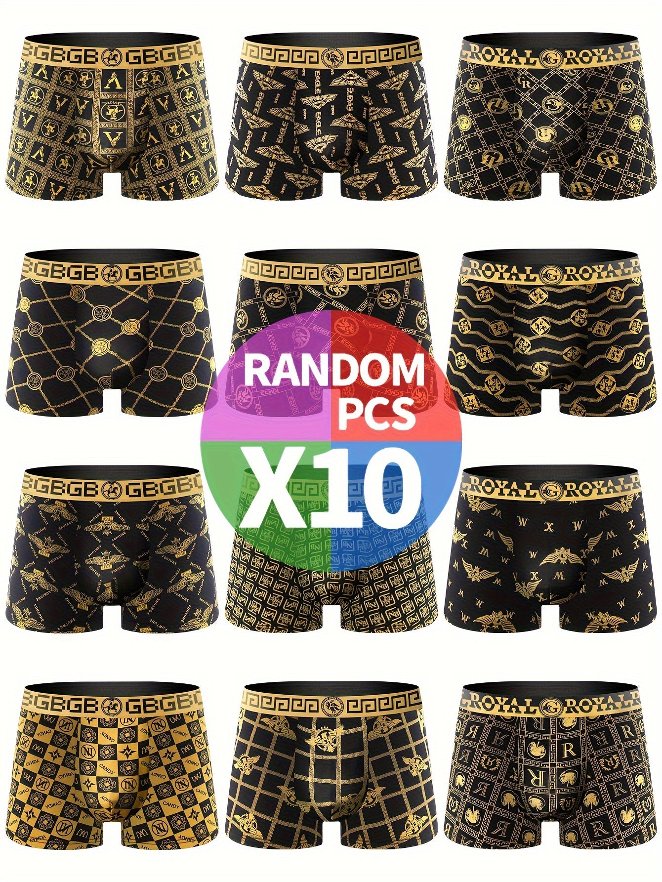 10pcs Men'S High Stretch Breathable Boxer Briefs, Polyester Spandex Shortie Panty with Print Pattern for Casual Wear