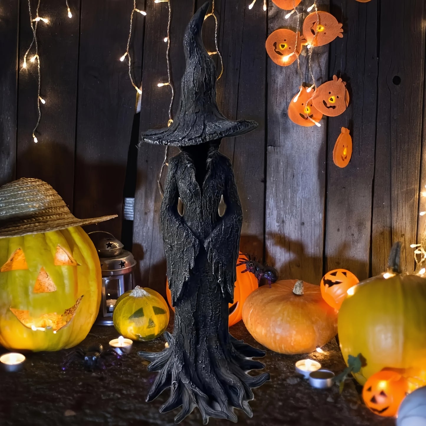 Large Gothic Witch Statue - Hand-Painted Resin with Black Hat & Cauldron, Indoor/Outdoor Spooky Home Party Decoration, Year-Round Collectible Gift